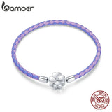 925 Silver Purple Leather Bracelet Lucky Clover SCB214