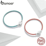 925 Silver Lucky Purple Leather Bracelet Clover DIY Fine Jewelry
