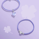 925 Silver Lucky Purple Leather Bracelet Clover DIY Fine Jewelry