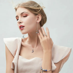 925 Silver Fairy on Moon Pendant Necklace Zircon Chain for Women