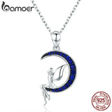 925 Silver Fairy on Moon Pendant Necklace Zircon Chain for Women