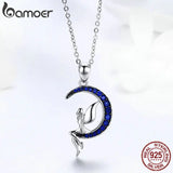 925 Silver Fairy on Moon Pendant Necklace Zircon Chain for Women
