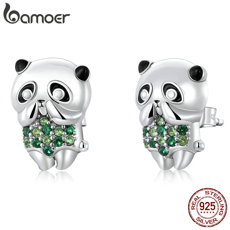 925 Silver Mini Panda Stud Earrings Green Stone Bamboo Ear Studs Gift