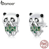 925 Silver Mini Panda Stud Earrings Green Stone Bamboo Ear Studs Gift