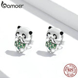 925 Silver Mini Panda Stud Earrings Green Stone Bamboo Ear Studs Gift