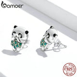 925 Silver Mini Panda Stud Earrings Green Stone Bamboo Ear Studs Gift