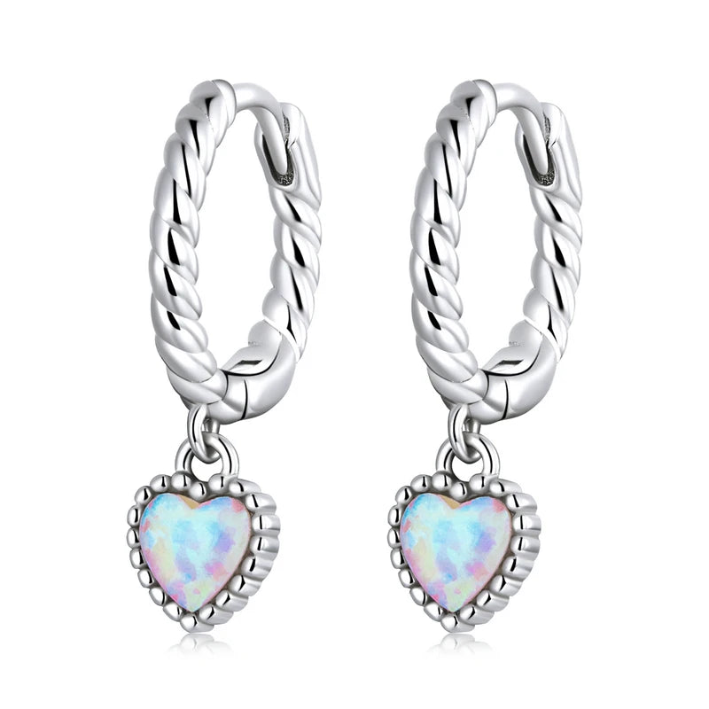 925 Silver Opal Heart Ear Buckle Hoop Earrings for Women