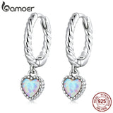 925 Silver Opal Heart Ear Buckle Hoop Earrings for Women