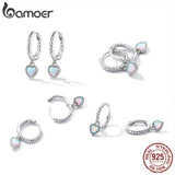 925 Silver Opal Heart Ear Buckle Hoop Earrings for Women