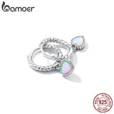 925 Silver Opal Heart Ear Buckle Hoop Earrings for Women
