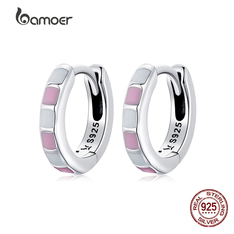 925 Silver Pink Hoop Ear Buckle Enamel Pink Earrings