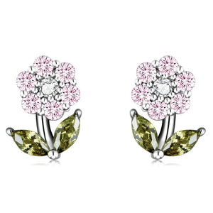 925 Silver Shining GemStone Flower Stud Earrings Platinum Plated