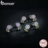925 Silver Shining GemStone Flower Stud Earrings Platinum Plated