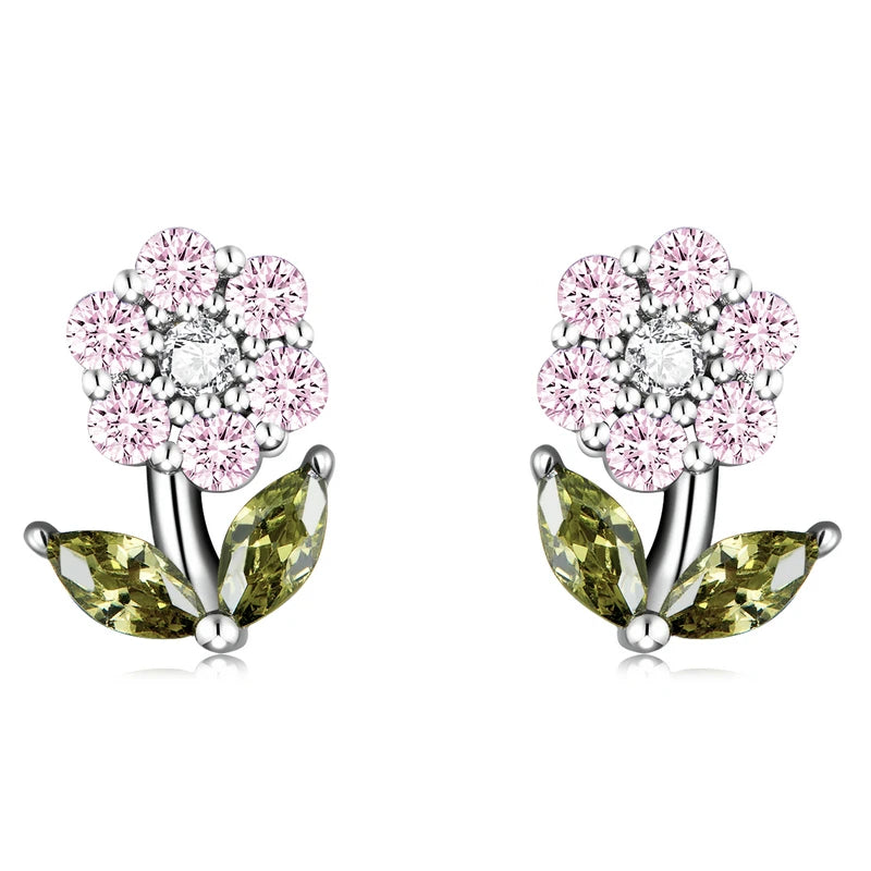 925 Silver Shining GemStone Flower Stud Earrings Platinum Plated