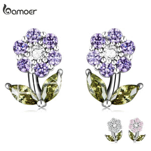 925 Silver Shining GemStone Flower Stud Earrings Platinum Plated