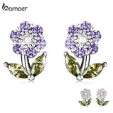 925 Silver Shining GemStone Flower Stud Earrings Platinum Plated