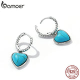 925 Silver Hoop Earrings Turquoise Heart Pendant Ear Buckles for Women