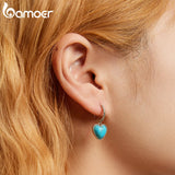 925 Silver Hoop Earrings Turquoise Heart Pendant Ear Buckles for Women