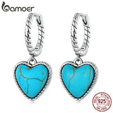 925 Silver Hoop Earrings Turquoise Heart Pendant Ear Buckles for Women