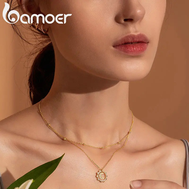 925 Silver Sun Moon Double Layers Choker Pendant SCN305