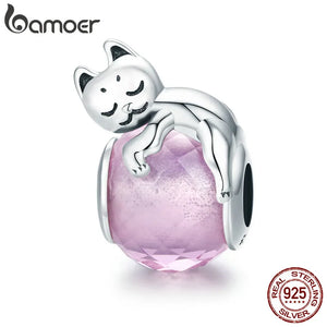 925 Sterling Silver Cat Big Stone Charm Beads for Bracelet DIY Jewelry