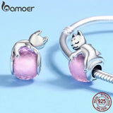 925 Sterling Silver Cat Big Stone Charm Beads for Bracelet DIY Jewelry