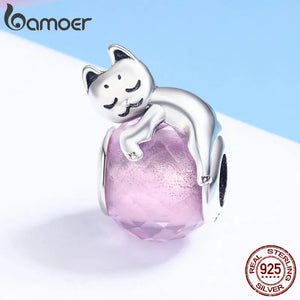 925 Sterling Silver Cat Big Stone Charm Beads for Bracelet DIY Jewelry