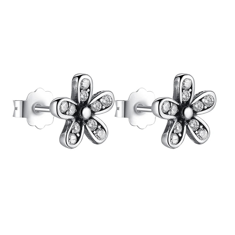 925 Silver Daisy Stud Earrings with Clear CZs