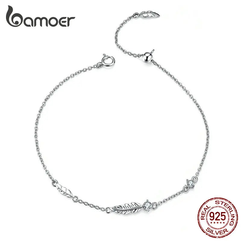 Boho Feather Chain Bracelet 925 Sterling Silver Zironia Jewelry SCB133