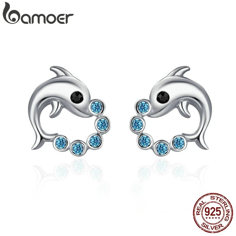 925 Silver Dolphin Love Ball Stud Earrings Women Jewelry SCE179