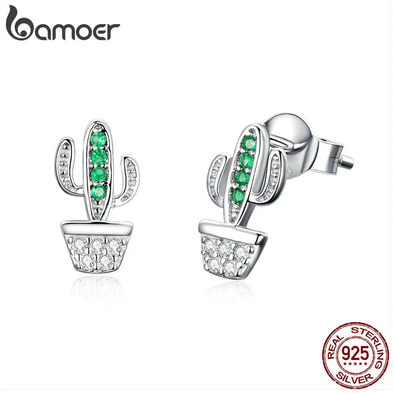925 Silver Green Cactus Plant Stud Earrings CZ Jewelry