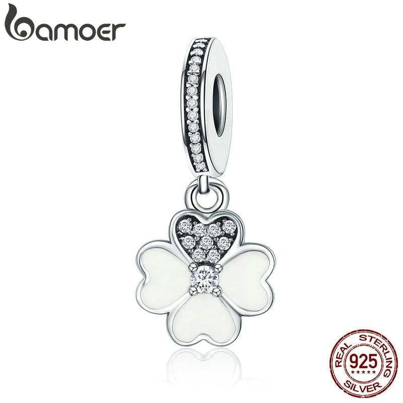 925 Sterling Silver Heart Petals Clover Dangle Charm for Bracelets