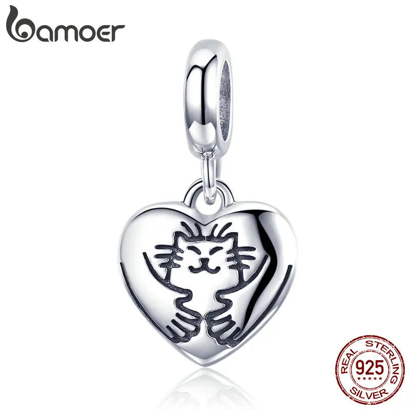 925 Sterling Silver Hug Cat in Heart Shape Pendant Charm for Bracelet & Bangles