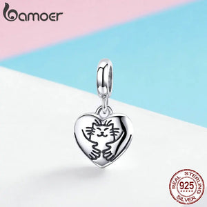 925 Sterling Silver Hug Cat in Heart Shape Pendant Charm for Bracelet & Bangles