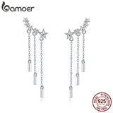 925 Silver Long Chain Star CZ Drop Earrings Women Jewelry SCE399