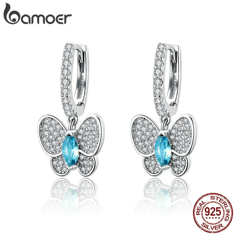 925 Silver CZ Butterfly Crystal Drop Earrings Wedding Jewelry