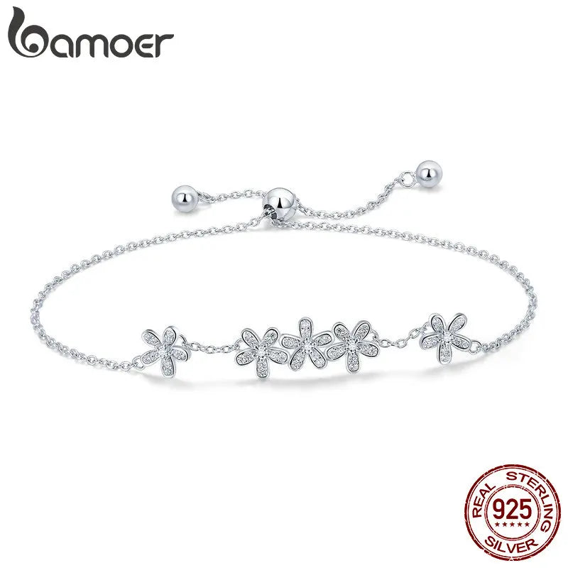 925 Silver Daisy Flower Bracelet Clear CZ Jewelry Gift