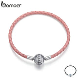 925 Silver Round Clasp Clear CZ Leather Bracelet Women SCB114