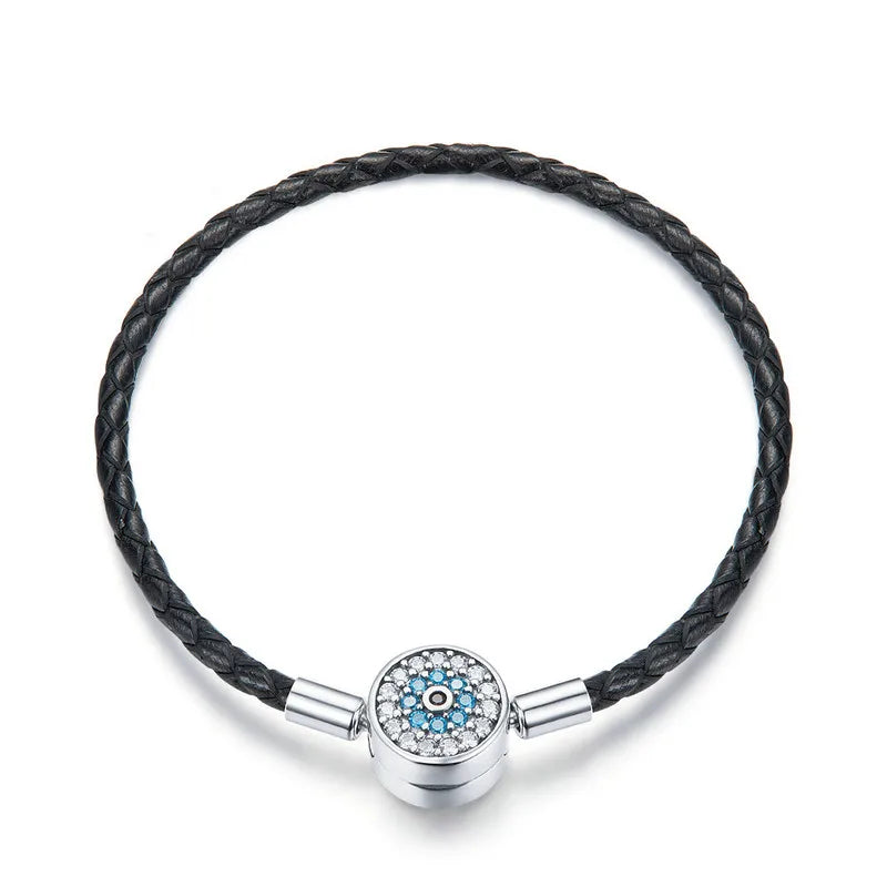 925 Silver Round Clasp Clear CZ Leather Bracelet Women SCB114