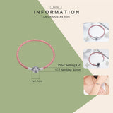 925 Silver Round Clasp Clear CZ Leather Bracelet Women SCB114
