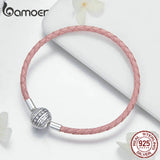 925 Silver Round Clasp Clear CZ Leather Bracelet Women SCB114