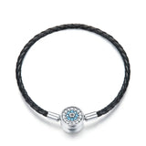 925 Silver Round Clasp Clear CZ Leather Bracelet Women SCB114