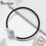 925 Silver Round Clasp Clear CZ Leather Bracelet Women SCB114
