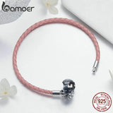 925 Silver Round Clasp Clear CZ Leather Bracelet Women SCB114
