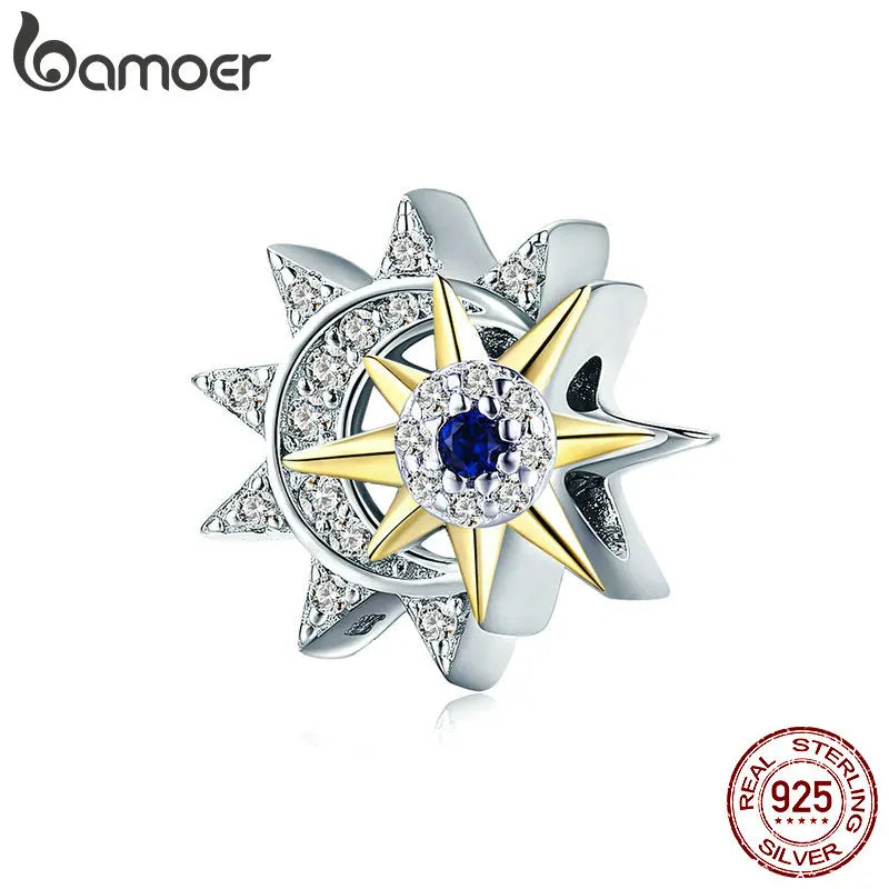 925 Silver Sun Meets Moon CZ Beads Charm for Bracelets DIY