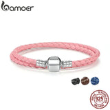 Pink Braided Leather Chain Bracelet with Silver Clasp