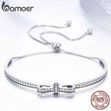 925 Silver Bowknot Clear Cubic Zircon Bangles Bracelet Women SCB108