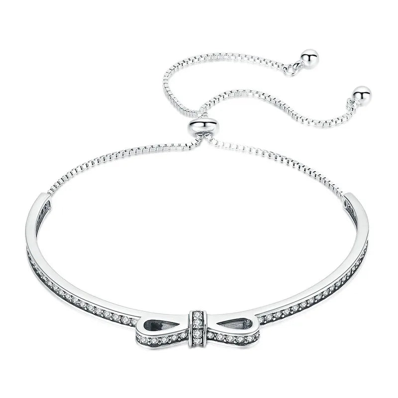 925 Silver Bowknot Clear Cubic Zircon Bangles Bracelet Women SCB108