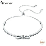 925 Silver Bowknot Clear Cubic Zircon Bangles Bracelet Women SCB108