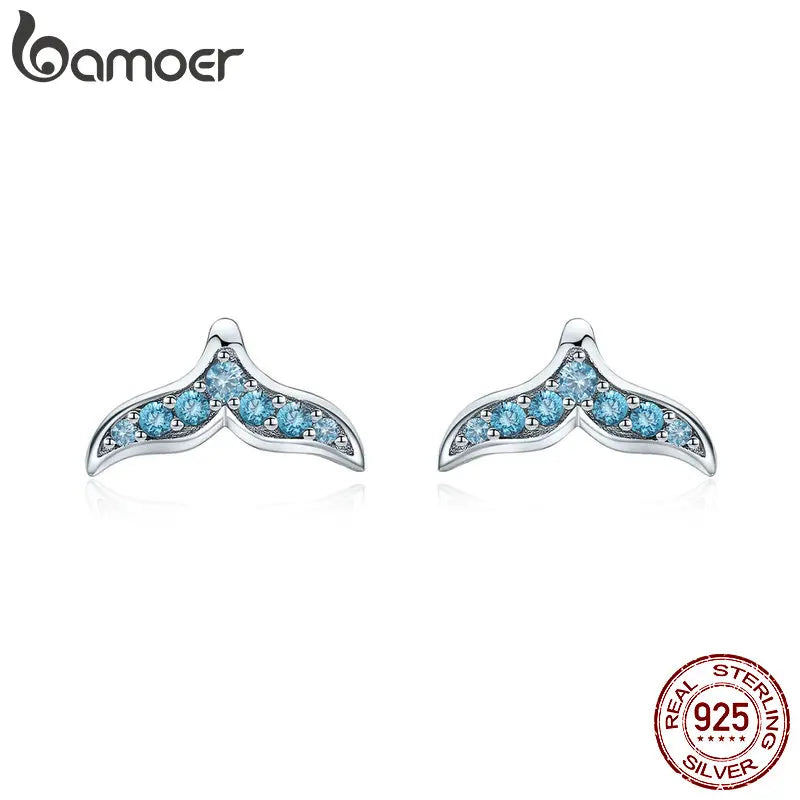 925 Silver Zircon Mermaid Fishtail Stud Earrings for Women
